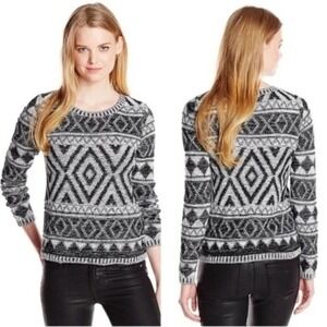 Lucky Brand Cozy Chunky Woven Knit Aztec Crewneck Sweater Size Large Black White